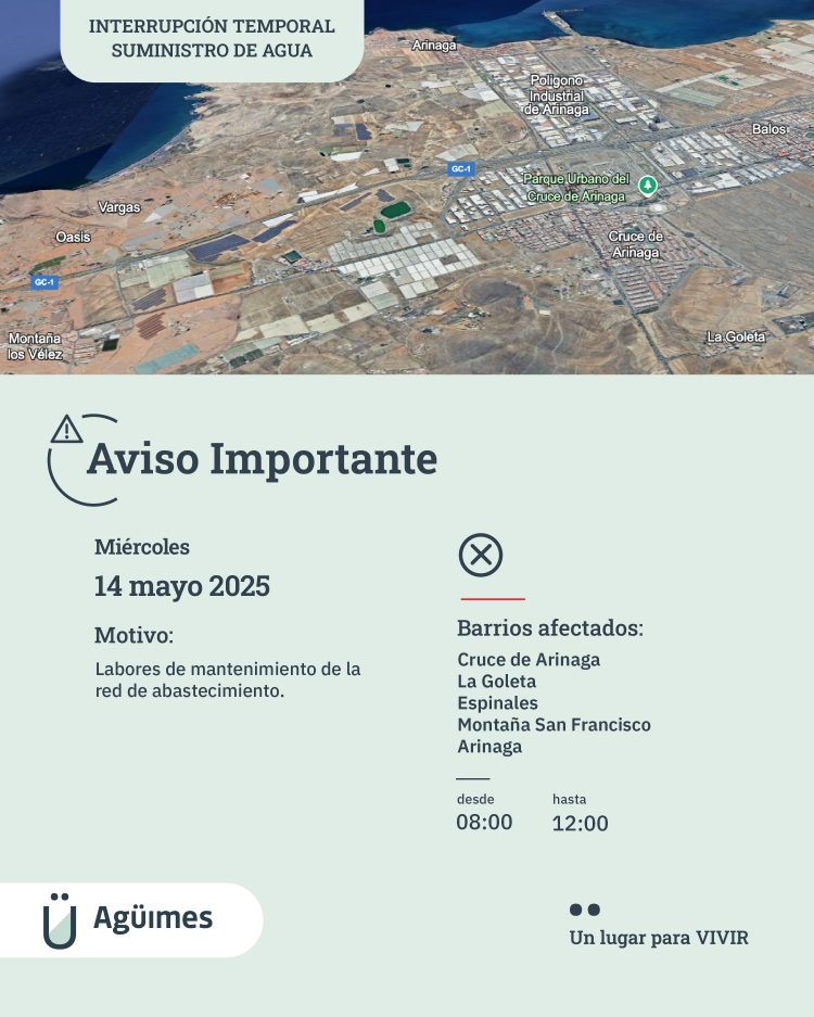 Corte programado para este miércoles en el agua de abasto en varias zonas del municipio de Agüimes