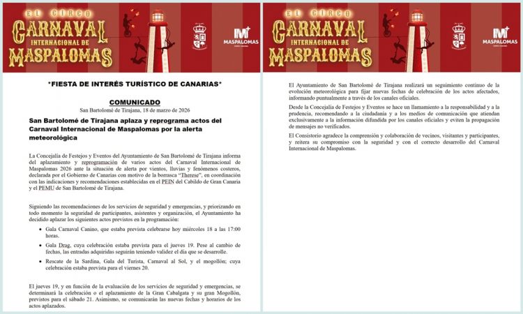 San Bartolomé de Tirajana aplaza y reprograma actos del Carnaval Internacional de Maspalomas por la alerta meteorológica